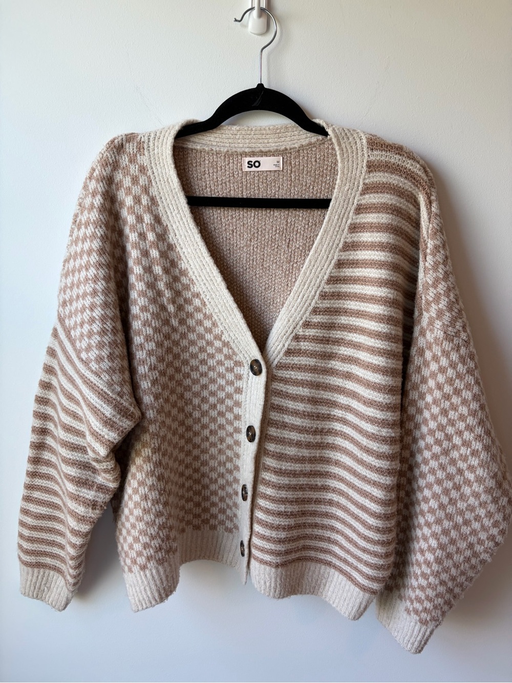 SO Cream and Beige Patterned V-Neck Button Cardigan